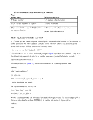 45. Difference between Key and Descriptive Flexfield?
Ans :
Key Flexfield Descriptive Flefield
1. Unique Identifier 1.To capture extra information
2. Key Flexfield are stored in segment 2.Stored in attributes
3.For key flexfield there are flexfield Qualifier
and segment Qualifier
3. Context-sensitive flexfield is a feature
of DFF. (descriptive flexfield)
What is SQL*Loader and what is it used for?
SQL*Loader is a bulk loader utility used for moving data from external files into the Oracle database. Its
syntax is similar to that of the DB2 Load utility, but comes with more options. SQL*Loader supports
various load formats, selective loading, and multi-table loads.
How does one use the SQL*Loader utility?
One can load data into an Oracle database by using the sqlldr (sqlload on some platforms) utility. Invoke
the utility without arguments to get a list of available parameters. Look at the following example:
sqlldr scott/tiger control=loader.ctl
This sample control file (loader.ctl) will load an external data file containing delimited data:
load data
infile 'c:datamydata.csv'
into table emp
fields terminated by "," optionally enclosed by '"'
( empno, empname, sal, deptno )
The mydata.csv file may look like this:
10001,"Scott Tiger", 1000, 40
10002,"Frank Naude", 500, 20
Another Sample control file with in-line data formatted as fix length records. The trick is to specify "*" as
the name of the data file, and use BEGINDATA to start the data section in the control file.
load data
infile *
 