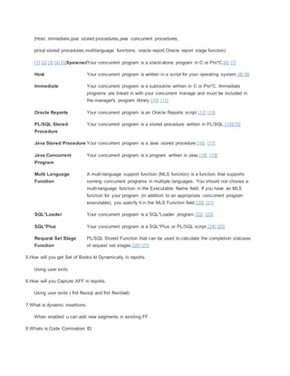 (Host, immediate,java stored procedures,java concurrent procedures,
pl/sql stored procedures,multilanguage functions, oracle report,Oracle report stage function)
[1] [2] [3] [4] [5]SpawnedYour concurrent program is a stand-alone program in C or Pro*C.[6] [7]
Host Your concurrent program is written in a script for your operating system.[8] [9]
Immediate Your concurrent program is a subroutine written in C or Pro*C. Immediate
programs are linked in with your concurrent manage and must be included in
the manager's program library.[10] [11]
Oracle Reports Your concurrent program is an Oracle Reports script.[12] [13]
PL/SQL Stored
Procedure
Your concurrent program is a stored procedure written in PL/SQL.[14][15]
Java Stored Procedure Your concurrent program is a Java stored procedure.[16] [17]
Java Concurrent
Program
Your concurrent program is a program written in Java.[18] [19]
Multi Language
Function
A multi-language support function (MLS function) is a function that supports
running concurrent programs in multiple languages. You should not choose a
multi-language function in the Executable: Name field. If you have an MLS
function for your program (in addition to an appropriate concurrent program
executable), you specify it in the MLS Function field.[20] [21]
SQL*Loader Your concurrent program is a SQL*Loader program.[22] [23]
SQL*Plus Your concurrent program is a SQL*Plus or PL/SQL script.[24] [25]
Request Set Stage
Function
PL/SQL Stored Function that can be used to calculate the completion statuses
of request set stages.[26] [27]
5.How will you get Set of Books Id Dynamically in reports.
Using user exits
6.How will you Capture AFF in reports.
Using user exits ( fnd flexsql and fnd flexidval)
7.What is dynamic insertions.
When enabled u can add new segments in existing FF .
8.Whats is Code Comination ID.
 