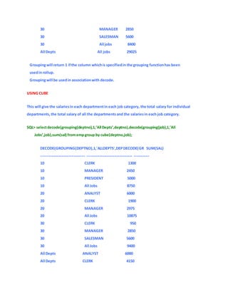 30 MANAGER 2850
30 SALESMAN 5600
30 All jobs 8400
All Depts All jobs 29025
Groupingwill return 1 ifthe column whichis specifiedin the grouping functionhas been
usedin rollup.
Groupingwill be usedin associationwith decode.
USING CUBE
This will give the salariesin each departmentin each job category, the total salary for individual
departments,the total salary of all the departmentsand the salariesin each job category.
SQL> selectdecode(grouping(deptno),1,’All Depts’,deptno),decode(grouping(job),1,’All
Jobs’,job),sum(sal) fromempgroup by cube(deptno,job);
DECODE(GROUPING(DEPTNO),1,'ALLDEPTS',DEPDECODE(GR SUM(SAL)
----------------------------------- ------------------------------------ ------------
10 CLERK 1300
10 MANAGER 2450
10 PRESIDENT 5000
10 All Jobs 8750
20 ANALYST 6000
20 CLERK 1900
20 MANAGER 2975
20 All Jobs 10875
30 CLERK 950
30 MANAGER 2850
30 SALESMAN 5600
30 All Jobs 9400
All Depts ANALYST 6000
All Depts CLERK 4150
 