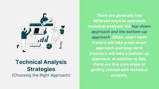 Technical Analysis
Strategies
(Choosing the Right Approach)


There are generally two
different ways to approach
technical analysis: the top-down
approach and the bottom-up
approach. Often, short-term
traders will take a top-down
approach and long-term
investors will take a bottom-up
approach. In addition to this,
there are five core steps to
getting started with technical
analysis.
 