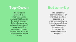 The top-down
approach is a
macroeconomic
analysis that looks at
the overall economy
before focusing on
individual securities. A
trader would first
focus on economies,
then sectors, and then
companies in the case
of stocks.
The bottom-up
approach focuses on
individual stocks as
opposed to a
macroeconomic view.
It involves analyzing a
stock that appears
fundamentally
interesting for
potential entry and
exit points.
Top-Down Bottom-Up
 