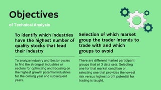 Objectives
of Technical Analysis
To analyze Industry and Sector cycles
to find the strongest industries or
sectors for optimizing and focusing on
the highest growth potential industries
for the coming year and subsequent
years.
To identify which industries
have the highest number of
quality stocks that lead
their industry
There are different market participant
groups that all 3 data sets. Selecting
one for that market condition or
selecting one that provides the lowest
risk versus highest profit potential for
trading is taught.
Selection of which market
group the trader intends to
trade with and which
groups to avoid
 