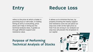 refers to the price at which a trader in
punching buys or sell order, in trading
timing an entry is everything, price
alone can’t help in timing but the
technical analysis does, it guides us
through different support and
resistance value.
Entry
Purpose of Performing
Technical Analysis of Stocks
It allows us to minimize the loss, by
properly knowing the nearby support
and resistance zone we can place our
stop-loss order at the right price so
that if we are wrong in our analysis our
stop loss will prevent the dropdown in
our capital.
Reduce Loss
 