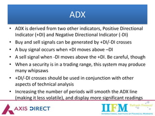 ADX
• ADX is derived from two other indicators, Positive Directional
Indicator (+DI) and Negative Directional Indicator (-DI)
• Buy and sell signals can be generated by +DI/-DI crosses
• A buy signal occurs when +DI moves above –DI
• A sell signal when -DI moves above the +DI. Be careful, though
• When a security is in a trading range, this system may produce
many whipsaws
• +DI/-DI crosses should be used in conjunction with other
aspects of technical analysis
• Increasing the number of periods will smooth the ADX line
(making it less volatile), and display more significant readings
 