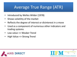 Average True Range (ATR)
• Introduced by Welles Wilder (1978)
• Shows volatility of the market
• Reflects the degree of interest or disinterest in a move
• Used as a component of numerous other indicators and
trading systems
• Low value => Weaker Trend
• High Value => Strong Trend
 