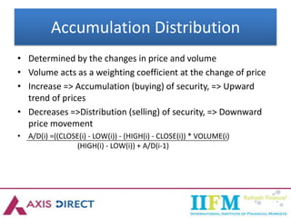 Accumulation Distribution
• Determined by the changes in price and volume
• Volume acts as a weighting coefficient at the change of price
• Increase => Accumulation (buying) of security, => Upward
trend of prices
• Decreases =>Distribution (selling) of security, => Downward
price movement
• A/D(i) =((CLOSE(i) - LOW(i)) - (HIGH(i) - CLOSE(i)) * VOLUME(i)
(HIGH(i) - LOW(i)) + A/D(i-1)
 