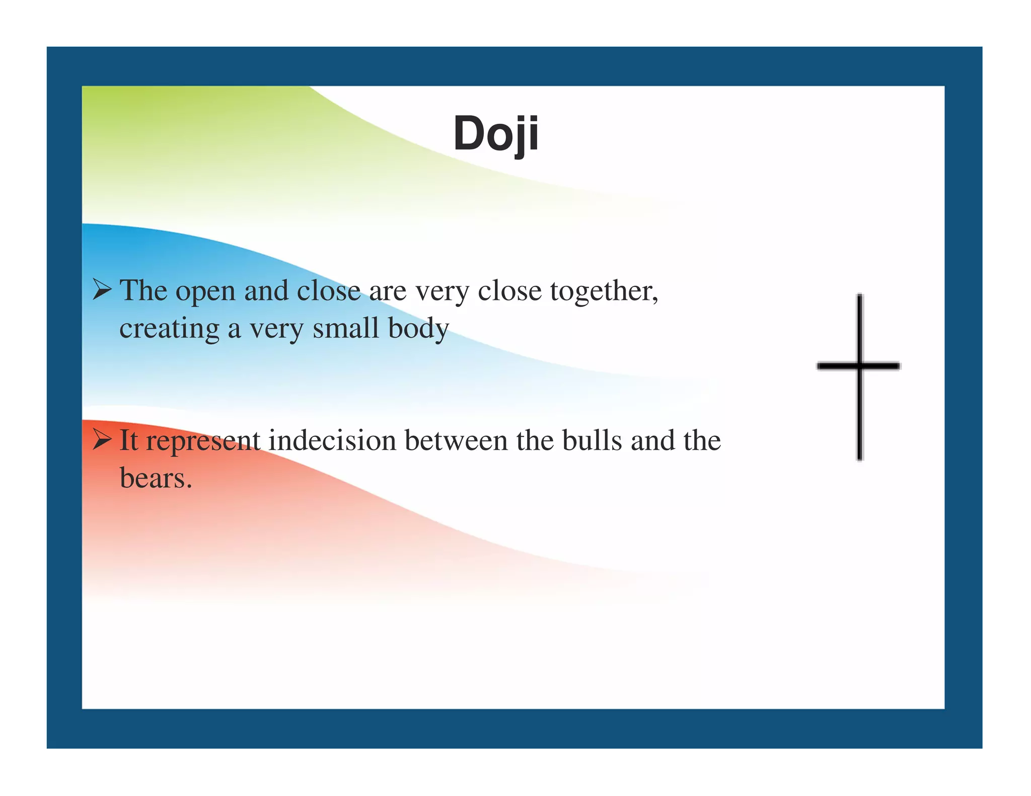 The open and close are very close together,
creating a very small body
Doji
It represent indecision between the bulls and the
bears.
 