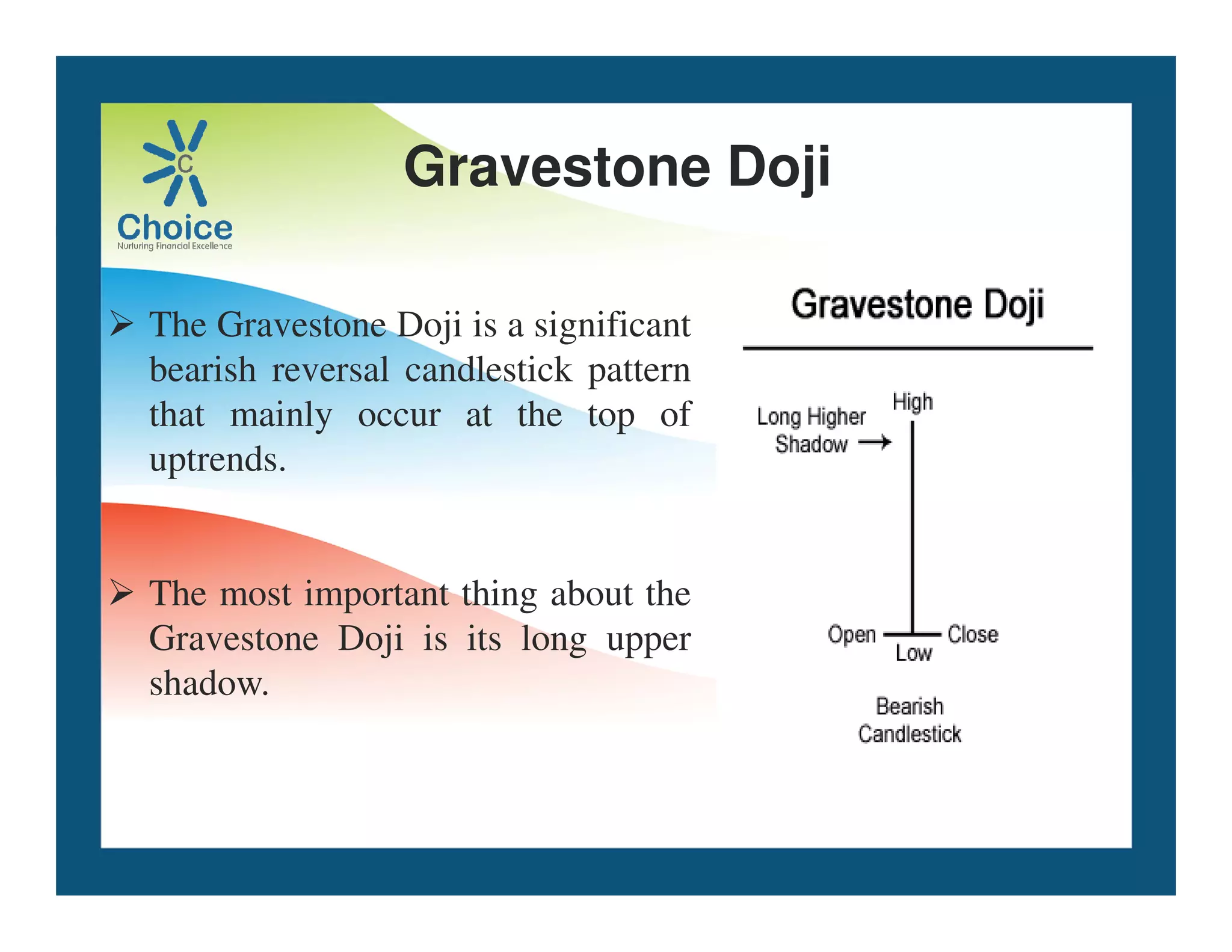 Gravestone Doji
 The Gravestone Doji is a significant
bearish reversal candlestick pattern
that mainly occur at the top of
uptrends.
uptrends.
 The most important thing about the
Gravestone Doji is its long upper
shadow.
 