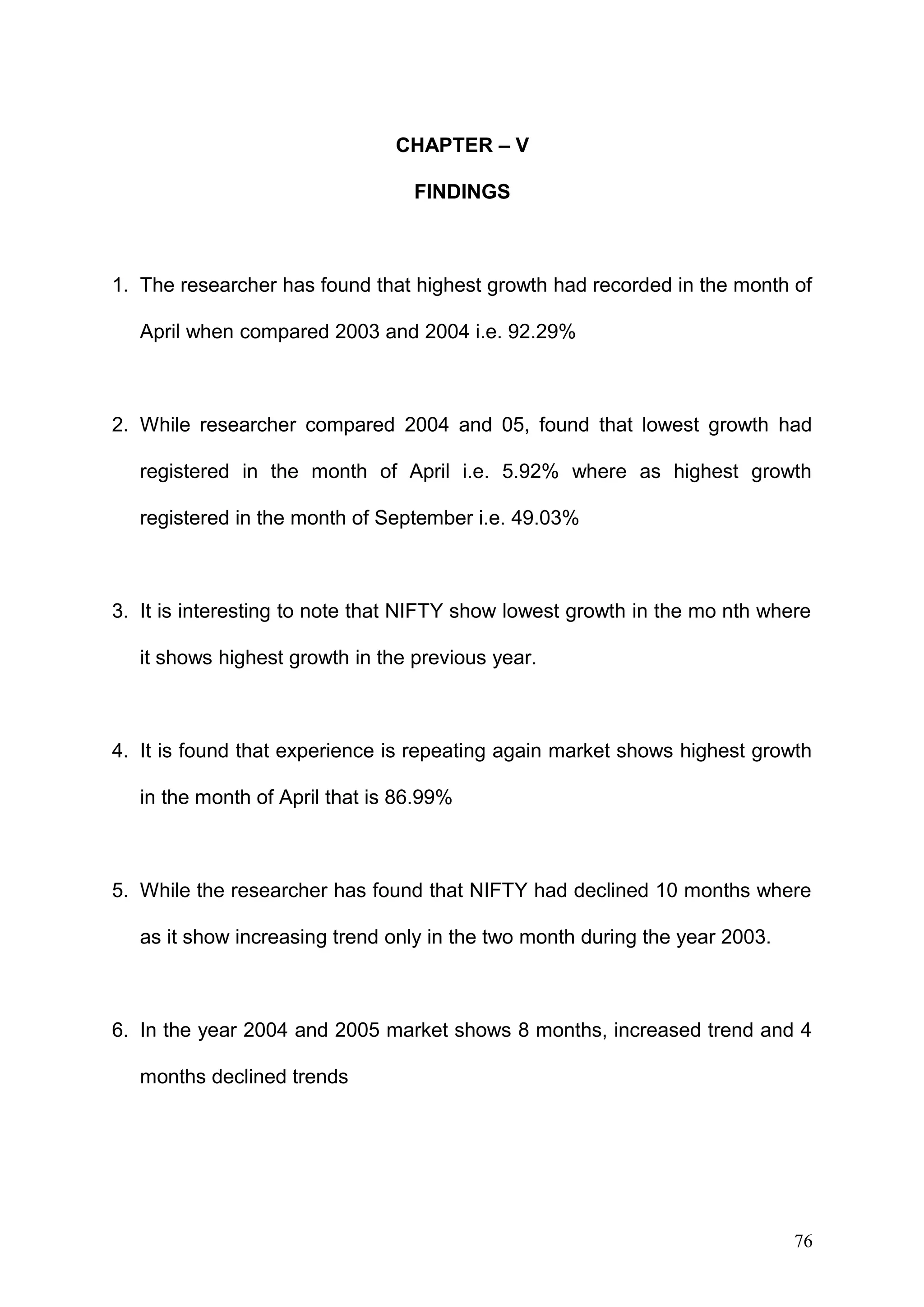 CHAPTER – V
FINDINGS

1. The researcher has found that highest growth had recorded in the month of
April when compared 2003 and 2004 i.e. 92.29%

2. While researcher compared 2004 and 05, found that lowest growth had
registered in the month of April i.e. 5.92% where as highest growth
registered in the month of September i.e. 49.03%

3. It is interesting to note that NIFTY show lowest growth in the mo nth where
it shows highest growth in the previous year.

4. It is found that experience is repeating again market shows highest growth
in the month of April that is 86.99%

5. While the researcher has found that NIFTY had declined 10 months where
as it show increasing trend only in the two month during the year 2003.

6. In the year 2004 and 2005 market shows 8 months, increased trend and 4
months declined trends

76

 