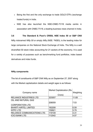 •

Being the first and the only exchange to trade GOLD ETFs (exchange
traded funds) in India.

•

NSE has also launched the NSE-CNBC-TV18 media centre in
association with CNBC-TV18, a leading business news channel in India.

3.6

The Standard & Poor's CRISIL NSE Index 50 or S&P CNX

Nifty nicknamed Nifty 50 or simply Nifty (NSE: ^NSEI), is the leading index for
large companies on the National Stock Exchange of India. The Nifty is a well
diversified 50 stock index accounting for 21 sectors of the economy. It is used
for a variety of purposes such as benchmarking fund portfolios, index based
derivatives and index funds.

Nifty components
The list of constituents of S&P CNX Nifty as on September 27, 2007 along
with the Market capitalization details and weight ages is as follows:
Market Capitalization (Rs.
Company name

Weighting
Crore)

RELIANCE INDUSTRIES LTD.
OIL AND NATURAL GAS

11.69

208059
CORPORATION LTD.
BHARTI AIRTEL LIMITED
NTPC LTD
RELIANCE COMMUNICATIONS LTD.
ICICI BANK LTD.

323057

7.53

182208
159921
119109
112542

6.59
5.79
4.31
4.07

39

 