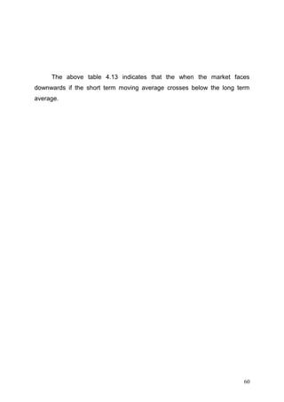 The above table 4.13 indicates that the when the market faces
downwards if the short term moving average crosses below the long term
average.

60

 