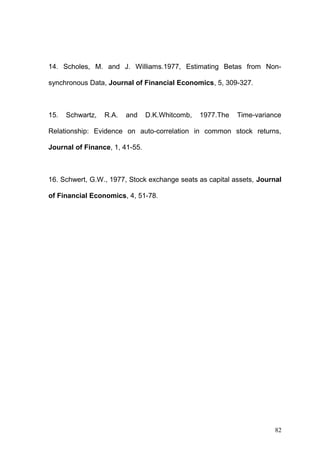 14. Scholes, M. and J. Williams.1977, Estimating Betas from Nonsynchronous Data, Journal of Financial Economics, 5, 309-327.

15.

Schwartz,

R.A.

and

D.K.Whitcomb,

1977.The

Time-variance

Relationship: Evidence on auto-correlation in common stock returns,
Journal of Finance, 1, 41-55.

16. Schwert, G.W., 1977, Stock exchange seats as capital assets, Journal
of Financial Economics, 4, 51-78.

82

 