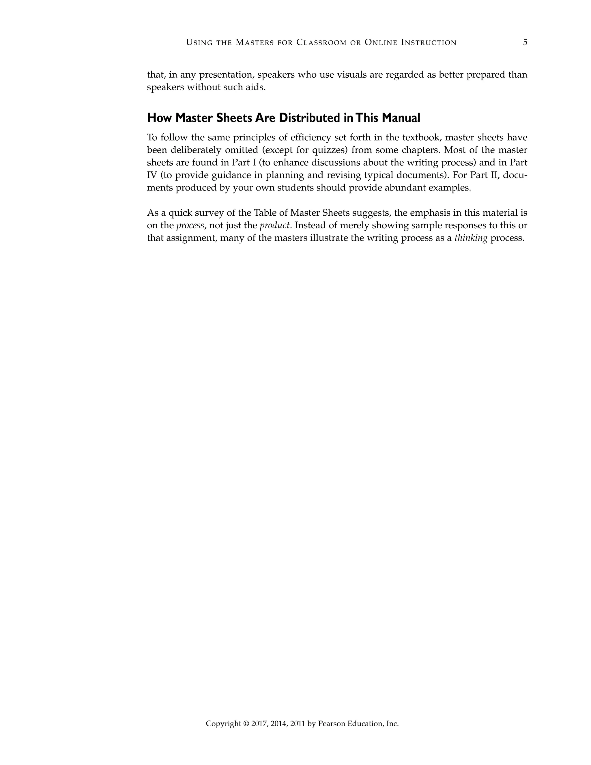 that, in any presentation, speakers who use visuals are regarded as better prepared than
speakers without such aids.
How Master Sheets Are Distributed inThis Manual
To follow the same principles of efficiency set forth in the textbook, master sheets have
been deliberately omitted (except for quizzes) from some chapters. Most of the master
sheets are found in Part I (to enhance discussions about the writing process) and in Part
IV (to provide guidance in planning and revising typical documents). For Part II, docu-
ments produced by your own students should provide abundant examples.
As a quick survey of the Table of Master Sheets suggests, the emphasis in this material is
on the process, not just the product. Instead of merely showing sample responses to this or
that assignment, many of the masters illustrate the writing process as a thinking process.
USING THE MASTERS FOR CLASSROOM OR ONLINE INSTRUCTION 5
Copyright © 2017, 2014, 2011 by Pearson Education, Inc.
 