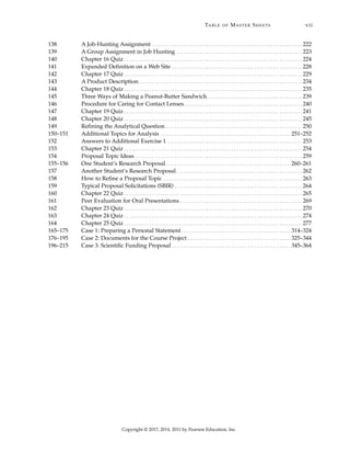 138 A Job-Hunting Assignment . . . . . . . . . . . . . . . . . . . . . . . . . . . . . . . . . . . . . . . . . . . . . . . . . . . . . . . . . . . . . . . . . . 222
139 A Group Assignment in Job Hunting . . . . . . . . . . . . . . . . . . . . . . . . . . . . . . . . . . . . . . . . . . . . . . . . . . . . . . . 223
140 Chapter 16 Quiz . . . . . . . . . . . . . . . . . . . . . . . . . . . . . . . . . . . . . . . . . . . . . . . . . . . . . . . . . . . . . . . . . . . . . . . . . . . . . . 224
141 Expanded Definition on a Web Site . . . . . . . . . . . . . . . . . . . . . . . . . . . . . . . . . . . . . . . . . . . . . . . . . . . . . . . . . 228
142 Chapter 17 Quiz . . . . . . . . . . . . . . . . . . . . . . . . . . . . . . . . . . . . . . . . . . . . . . . . . . . . . . . . . . . . . . . . . . . . . . . . . . . . . . 229
143 A Product Description. . . . . . . . . . . . . . . . . . . . . . . . . . . . . . . . . . . . . . . . . . . . . . . . . . . . . . . . . . . . . . . . . . . . . . . . 234
144 Chapter 18 Quiz . . . . . . . . . . . . . . . . . . . . . . . . . . . . . . . . . . . . . . . . . . . . . . . . . . . . . . . . . . . . . . . . . . . . . . . . . . . . . . 235
145 Three Ways of Making a Peanut-Butter Sandwich. . . . . . . . . . . . . . . . . . . . . . . . . . . . . . . . . . . . . . . . . . 239
146 Procedure for Caring for Contact Lenses. . . . . . . . . . . . . . . . . . . . . . . . . . . . . . . . . . . . . . . . . . . . . . . . . . . . 240
147 Chapter 19 Quiz . . . . . . . . . . . . . . . . . . . . . . . . . . . . . . . . . . . . . . . . . . . . . . . . . . . . . . . . . . . . . . . . . . . . . . . . . . . . . . 241
148 Chapter 20 Quiz . . . . . . . . . . . . . . . . . . . . . . . . . . . . . . . . . . . . . . . . . . . . . . . . . . . . . . . . . . . . . . . . . . . . . . . . . . . . . . 245
149 Refining the Analytical Question . . . . . . . . . . . . . . . . . . . . . . . . . . . . . . . . . . . . . . . . . . . . . . . . . . . . . . . . . . . . 250
150–151 Additional Topics for Analysis . . . . . . . . . . . . . . . . . . . . . . . . . . . . . . . . . . . . . . . . . . . . . . . . . . . . . . . . . 251–252
152 Answers to Additional Exercise 1 . . . . . . . . . . . . . . . . . . . . . . . . . . . . . . . . . . . . . . . . . . . . . . . . . . . . . . . . . . . 253
153 Chapter 21 Quiz . . . . . . . . . . . . . . . . . . . . . . . . . . . . . . . . . . . . . . . . . . . . . . . . . . . . . . . . . . . . . . . . . . . . . . . . . . . . . . 254
154 Proposal Topic Ideas . . . . . . . . . . . . . . . . . . . . . . . . . . . . . . . . . . . . . . . . . . . . . . . . . . . . . . . . . . . . . . . . . . . . . . . . . 259
155–156 One Student’s Research Proposal. . . . . . . . . . . . . . . . . . . . . . . . . . . . . . . . . . . . . . . . . . . . . . . . . . . . . . . 260–261
157 Another Student’s Research Proposal . . . . . . . . . . . . . . . . . . . . . . . . . . . . . . . . . . . . . . . . . . . . . . . . . . . . . . . 262
158 How to Refine a Proposal Topic . . . . . . . . . . . . . . . . . . . . . . . . . . . . . . . . . . . . . . . . . . . . . . . . . . . . . . . . . . . . . 263
159 Typical Proposal Solicitations (SBIR) . . . . . . . . . . . . . . . . . . . . . . . . . . . . . . . . . . . . . . . . . . . . . . . . . . . . . . . . 264
160 Chapter 22 Quiz . . . . . . . . . . . . . . . . . . . . . . . . . . . . . . . . . . . . . . . . . . . . . . . . . . . . . . . . . . . . . . . . . . . . . . . . . . . . . . 265
161 Peer Evaluation for Oral Presentations. . . . . . . . . . . . . . . . . . . . . . . . . . . . . . . . . . . . . . . . . . . . . . . . . . . . . . 269
162 Chapter 23 Quiz . . . . . . . . . . . . . . . . . . . . . . . . . . . . . . . . . . . . . . . . . . . . . . . . . . . . . . . . . . . . . . . . . . . . . . . . . . . . . . 270
163 Chapter 24 Quiz . . . . . . . . . . . . . . . . . . . . . . . . . . . . . . . . . . . . . . . . . . . . . . . . . . . . . . . . . . . . . . . . . . . . . . . . . . . . . . 274
164 Chapter 25 Quiz . . . . . . . . . . . . . . . . . . . . . . . . . . . . . . . . . . . . . . . . . . . . . . . . . . . . . . . . . . . . . . . . . . . . . . . . . . . . . . 277
165–175 Case 1: Preparing a Personal Statement . . . . . . . . . . . . . . . . . . . . . . . . . . . . . . . . . . . . . . . . . . . . . . . . 314–324
176–195 Case 2: Documents for the Course Project . . . . . . . . . . . . . . . . . . . . . . . . . . . . . . . . . . . . . . . . . . . . . 325–344
196–215 Case 3: Scientific Funding Proposal . . . . . . . . . . . . . . . . . . . . . . . . . . . . . . . . . . . . . . . . . . . . . . . . . . . . 345–364
TABLE OF MASTER SHEETS vii
Copyright © 2017, 2014, 2011 by Pearson Education, Inc.
 