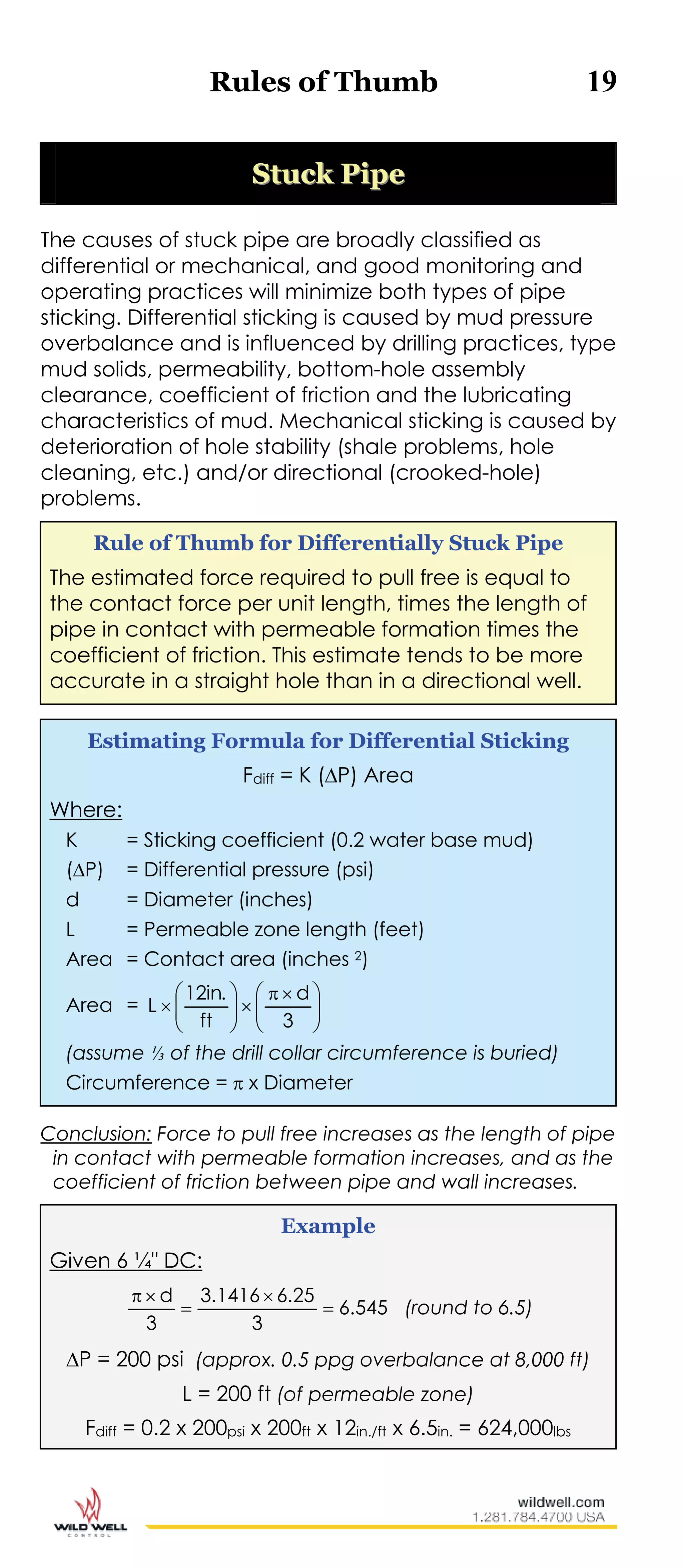 Rules of Thumb 19
SSttuucckk PPiippee
The causes of stuck pipe are broadly classified as
differential or mechanical, and good monitoring and
operating practices will minimize both types of pipe
sticking. Differential sticking is caused by mud pressure
overbalance and is influenced by drilling practices, type
mud solids, permeability, bottom-hole assembly
clearance, coefficient of friction and the lubricating
characteristics of mud. Mechanical sticking is caused by
deterioration of hole stability (shale problems, hole
cleaning, etc.) and/or directional (crooked-hole)
problems.
Rule of Thumb for Differentially Stuck Pipe
The estimated force required to pull free is equal to
the contact force per unit length, times the length of
pipe in contact with permeable formation times the
coefficient of friction. This estimate tends to be more
accurate in a straight hole than in a directional well.
Estimating Formula for Differential Sticking
Fdiff = K (P) Area
Where:
K = Sticking coefficient (0.2 water base mud)
(P) = Differential pressure (psi)
d = Diameter (inches)
L = Permeable zone length (feet)
Area = Contact area (inches 2)
Area = 




 







3
d
ft
.in12
L
(assume ⅓ of the drill collar circumference is buried)
Circumference =  x Diameter
Conclusion: Force to pull free increases as the length of pipe
in contact with permeable formation increases, and as the
coefficient of friction between pipe and wall increases.
Example
Given 6 ¼" DC:
545.6
3
25.61416.3
3
d




(round to 6.5)
P = 200 psi (approx. 0.5 ppg overbalance at 8,000 ft)
L = 200 ft (of permeable zone)
Fdiff = 0.2 x 200psi x 200ft x 12in./ft x 6.5in. = 624,000lbs
 