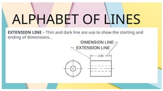 ALPHABET OF LINES
EXTENSION LINE – Thin and dark line are use to show the starting and
ending of dimensions..
 