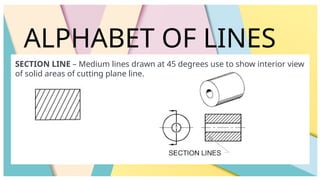 ALPHABET OF LINES
SECTION LINE – Medium lines drawn at 45 degrees use to show interior view
of solid areas of cutting plane line.
 