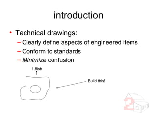 introduction Technical drawings:  Clearly define aspects of engineered items Conform to standards  Minimize  confusion 1.8ish Build this! 