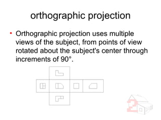 orthographic projection Orthographic projection uses multiple views of the subject, from points of view rotated about the subject's center through increments of 90°. 