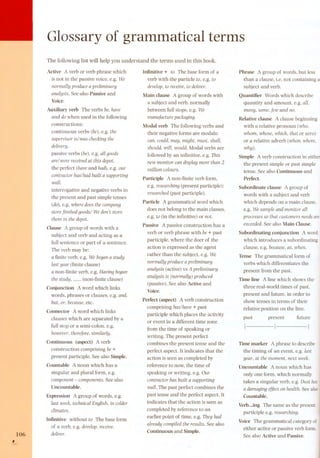 106 , 
Glossary of grammatical terms 
The following list will help you understand the terms used in this book. 
Active A verb or verb phrase which 
is not in the passive voice. e.g. We 
normallyproduceapreljmjnary 
analysjs. See also Passive and 
Voice. 
Auxiliary verb The verbs be. have 
and dowhen used in the following 
constructions: 
continuous verbs (be). e.g. the 
supervjsorjs/was checkjngthe 
deUvery. 
passive verbs (be), e.g. all goods 
are/were receNedat thjs depot. 
the perfect (have and had),e.g. our 
contractorhas/had bunt a supporUng 
wall. 
interrogative and negative verbs in 
the present and past simple tenses 
(do), e.g. wheredoes the company 
storefinshed goods?Wedon't store 
them jn the depot. 
Clause A group of words with a 
subject and verb and acting as a 
full sentence or part of a sentence. 
The verb may be: 
a finite verb, e.g. We begana study 
last year (finite dause) 
a non-finite verb, e.g. Havjngbegun 
the study, (non-finite dause) 
Conjunction A word which !inks 
words, phrases or dauses, e.g. and, 
but, or, because,etc. 
Connector A word which !inks 
dauses which are separated by a 
full stop or a semi-colon, e.g. 
however,therefore,sjmnarly. 
Continuous (aspect) A verb 
construction comprising be+ 
present participle. See also Simple. 
Countable A noun which has a 
singular and plural form, e.g. 
component- components. See also 
Uncountable. 
Expression A group of words, e.g. 
last week, technkal EngUsh, jn colder 
cUmates. 
Infinitive without to The base form 
of a verb, e.g. develop,recejve, 
delNer. 
Infinitive + to The base form of a 
verb with the partide to, e.g. to 
develop,to recejve,to deUver. 
Main dause A group of words with 
a subject and verb, normally 
between full stops, e.g. We 
manufacturepackagjng. 
Modal verb The following verbs and 
their negative forms are modals: 
can, could,may, mjght, must, shall, 
should, wm, would. Modal verbs are 
followed by an infinitive, e.g. Thjs 
new monÜorcan djsplaymore than 2 
mnuon colours. 
Participle A non-finite verb form, 
e.g. researchjng(present participle); 
researched(past participle). 
Partide A grammatical word which 
does not belong to the main dasses, 
e.g. to (in the infinitive) or not. 
Passive A passive construction has a 
verb or verb phrase with be+ past 
participle, where the doer of the 
action is expressed as the agent 
rather than the subject, e.g. We 
normally produceapreUmjnary 
analysjs (active) vs A preUmjnary 
analysjs js (normally) produced 
(passive). See also Active and 
Voice. 
Perfect (aspect) A verb construction 
comprising has/have + past 
participle which places the activity 
or event in a different time zone 
from the time of speaking or 
writing. The present perfect 
combines the present tense and the 
perfect aspect. It indicates that the 
action is seen as completed by 
reference to now, the time of 
speaking or writing, e.g. Our 
contractorhas bunt a supporUng 
wall.The past perfect combines the 
past tense and the perfect aspect. It 
indicates that the action is seen as 
completed by reference to an 
earlierpoint of time, e.g.Theyhad 
alreadycompHedtheresults.Seealso 
Continuous and Simple. 
Phrase A group of words, but less 
than a dause, Le. not containing a 
subject and verb. 
Quantifier Words which describe 
quantity and amount, e.g.all, 
many,some,few and no. 
Relative dause A dause beginning 
with a relative pronoun (who, 
whom,whose,whkh, that or zero) 
or a relativeadverb(when,where, 
why). 
Simple A verb construction in either 
the present simple or past simple 
tense. See also Continuous and 
Perfect. 
Subordinate dause A group of 
words with a subject and verb 
which depends on a main dause, 
e.g.WesampleandmonÜorall 
processessothat customersneedsare 
exceededS.eealsoMainClause. 
Subordinating conjunction A word 
which introduces a subordinating 
dause, e.g.becausea,s,when. 
Tense Thegrammaticalformof 
verbs which differentiates the 
present from the past. 
Time line A !ine which shows the 
three real-world times of past, 
present and future, in order to 
show tenses in terms of their 
relative position on the !ine. 
past present future 
1 1 1 
Time marker A phrase to describe 
the timing of an event, e.g.last 
year,at themoment,nextweek. 
Uncountable A noun which has 
only one form, which normally 
takes a singular verb, e.g.Dusthas 
a damagjngeffectonhealth.Seealso 
Countable. 
Verb...ing The same as the present 
participlee.g.researchjng. 
Voice The grammatical category of 
either active or passive verb form. 
See also Active and Passive. 
 