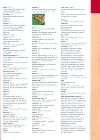 amplify 17.28 
to make a signal, e.g. sound, stronger 
amplitude modulation 28 
a change in the level of a signal 
anaesthetist 14 
a doctor who is qualified to give an 
anaesthetic 
analog 5 
See analogue 
analogue 5,28 
a system in which data is represented 
as a continuously varying voltage, 
as opposed to digital which can 
only be distinct whole numbers. See 
also digital. 
analyse 1.3.4.21 
to examine carefully 
analysis 3, 8 
the study of the parts and their 
relationship to one another 
analyst 3 
a person who carries out a detailed 
examination (analysis) 
analytical 3 
describing an approach that is based 
on carrying out a detailed 
examination 
animal feed supplement 26 
what is added to food for livestock to make 
it more effective 
anneal 10 
to make materials tough by cooling them 
slowly, e.g, glass 
anodize 10 
to coat a metallic surface with a protective 
oxide. e.g, car components 
answering machine 29 
a tape recorder which serves as a 
telephone answering device 
antenna 28,29 
a device used to transmit and/or receive 
radio waves 
anthracite 22 
a hard. black shiny coal containing a high 
percentage of fixed carbon and a low 
percentage of volatile matter (also called 
hard coal) 
apparatus 10 
equipment 
applet 5 
a program written in the Java TM 
programming language that can be 
included in an HTML page. The applet's 
code is transferred to your system and 
executed by the browser's Java Virtual 
Machine (JVM). 
appliance 16 
a piece of equipment, e.g. a TV, washing 
machine 
application 29 
a computer program 
application software 5 
this gives a computer instructions which 
provide the user with tools to perform a 
task. e.g. word processing 
applied research 3 
branch of research that looks at how 
scientific theory can be used in 
practice 
approve 13 
to agree to, give permission to 
IIIIIIL 
aqueduct 20 
a structure which carries water (canal or 
river) across land. usually over a valley 
arch 2O 
a curved structure. e.g. under a bridge 
architect 15 
a person who designs and supervises the 
construction of buildings or other 
structures 
Arctic cald 11 
very cald conditions used to test cars 
aromatic 12 
an organic compound with a benzene-like 
ring 
arthritis 14 
a disease which causes pain in the joints 
artificial 12 
nat natural 
asbestos 22 
a fibrous material made from silica. As it is 
very heat resistant. it was often used in the 
past in buildings for insulation. It is now 
banned because it is a health risk. 
asphalt 24 
a petroeum-based black sticky material 
used to cover roads 
assemble 1 
to put pieces together to make a finished 
product 
assembly 15,16 
1. the process of putting building elements 
together; 2. a collection of (electrical) 
parts in an appliance 
assembly line 1 
the layout of workers and machines where 
the work passes from one worker to the 
next. usually along a moving belt. until it 
is finished 
assess 4 
to measure and evaluate something 
asthma 14 
a disease which causes problems of 
breathing 
atomic energy plant 19 
a power station which produces nuclear 
energy. See also nuclear plant. 
attenuation 28 
the loss in power of a signal between 
transmission and reception 
attribute 21 
a special feature or requirement 
audible 29 
that can be heard 
audio signal 17 
a signal intended to be heard 
audit 22 
1. to examine officially; 2. an official 
examinatioI). 
automobile 11. 12, 24 
a car 
auto motive 18 
relating to cars and other vehicles. e.g. 
automotove industry 
avoid contact with 9 
nat to touch, usually with a part of the 
body 
axis 8 
a line. usually horizontal or vertical, used 
as a reference on a graph 
backlog 2 
tasks that have nat been done on time 
back order 2 
an order for goods that has nat been 
processed on time 
bacteriology 26 
the science that deals with bacteria and 
their relations to agriculture, medicine, 
and industry 
bake 12 
to heat. often at high temperatures to 
make hard 
baking 26 
the activity of cooking food. e.g. bread and 
cake. by dry heat especially in an oven 
bandwidth 6,28 
the range of frequencies, expressed 
in Hertz (Hz), that can pass over a 
given transmission channeL The 
bandwidth determines the rate at 
which information can be transmitted 
through the circuit: the greater the 
bandwidth, the more information that 
can be sent in a given amount of time. 
Analogue bandwidth is measured in 
Hertz (Hz) or cycles per second; digital 
bandwidth is the amo unt or volume of 
data that can be sent through a channel, 
measured in bits per second. without 
distortion. 
bar graph 8 
a chart that uses either horizontal or 
vertical bars to shaw comparisons among 
categories 
bark 27 
the outer layer of a log 
barrage 20 
a barrier across a stream with a series of 
gates to control the water-surface level 
upstream 
barrel 24 
a unit of measure for petroleum. equal to 
42 gallons 
basic and intermediate chemicals 12 
basic chemicals are made from mined 
materials like crude oil. natural gas and 
minerals. or from crops and other natural 
substances. Chemical companies use 
basic chemicals to produce intermediate 
products like polyethylene. polyethylene 
oxide (PO). ethylene oxide (EO) and 
ethylene glycol, or final products like 
phosphate and nitrogen agricultural 
fertilizers. These basic and intermediate 
chemicals are called commodity 
chemicals and are produced mainly by 
large companies and as byproducts of 
petroleum refining. using common 
manufacturing processes. 
basic research 3 
a systemic. intensive study, which aims to 
gain a fuller knowledge or understanding 
of the subject under study rather than a 
practical application 
125 
 