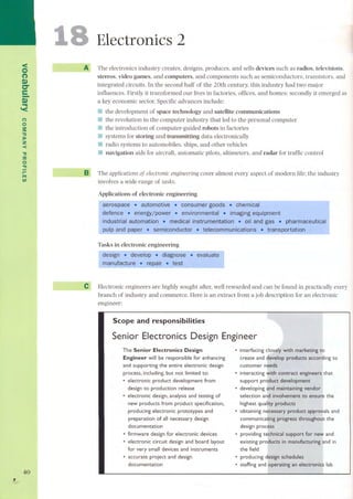 <o 
(') 
m 
O' e-m... '< 
(') 
o 
:s: 
"tI 
:I:- 
Z 
-< 
"tI 
;Q 
o." 
r- 1'1'1 
(fi 
40 
, 
1 Electronics 2 
The electronics industry creates, designs, produces, and sells devices such as radios, televisions, 
stereos, video games, and computers, and components such as semiconductors, transistors, and 
integrated circuits, In the second half of the 20th century, this industry had two major 
influences. Firstly it transformed our lives in factories, offices, and homes; secondly it emerged as 
a key economic sector. Specific advances include: 
ili the development of space technology and satellite communications 
.. the revolution in the computer industry that led to the personal computer 
11 the introduction of computer-guided robots in factories 
11 systems for storing and transmitting data electronically 
11 radio systems to automobiles, ships, and other vehicles 
.. navigation aids for aircraft, automatic pilots, altimeters, and radar for traffic control 
The applÍcatians al electronÍc engÍneerÍng cover almost every aspect of modern life; the industry 
involves a wide range of tasks. 
Applications of electronic engineering 
Tasks in electronic engineering 
~ -, 
Electronic engineers are highly sought after, well rewarded and can be found in practically every 
branch of industry and commerce. Here is an extract from a job description for an electronic 
engineer: 
Scope and responsibilities 
Senior Electronics Design Engineer 
The Senior Electronics Design 
Engineer will be responsible for enhancing 
and supporting the entire electronic design 
process, including,but not limited to: 
. electronic product development from 
design to production release . electronic design, analysis and testing of 
new products from product specification, 
producing electronic prototypes and 
preparation of all necessary design 
documentation .firmware design for electronic devices . electronic circuit design and board layout 
for very small devices and instruments . accurate project and design 
documentation 
to 
. interacting 
support pr' 
. developing 
selection al 
design . providing 
existing pI 
the field . producing . staffing and 
and 
in 
lab 
 