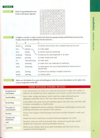 liBEDI 
_1 
--~2' 
~--~- ~ 
Find 10 agroindustriaI terms 
in the word square opposite. 
Combine a word in A with a word in B to form ten agroprocessing and food processing terms. 
Finally. choose the best definition for the term in C. 
A B C 
bread ~ weaving to convert animal skin into a material that can be worn 
fish baking  to make paper 
ffloooutrwear fdrreYeziningg, '--- ttoo ceoxotrkacbtylidqruyidhebayt seqsupeeecziianlgly in an oven 
leather 
oil 
pulp 
quick 
spray 
textile 
grinding 
manufacturing 
to make chilled with cald 
to make cloth 
pressing 
producing 
to make from raw materials by machinery 
to makegrains intoverysmall particlesfor humanfoodor 
animal feed 
<O 
(') 
Q) 
er 
e-.Q.) '< 
(") 
o 
:iS: 
"tI 
);o 
Z 
-< 
"tI 
:%J 
o 
." 
'r"- 
I/) 
FOOD HYGIENE COURSE DETAlLS 
Introduction to 
food hygiene 
Food handling 
Bacteriology 
Prevention of 
contamination 
Premises 
Cleaning and 
disinfection 
Staff 
legislation 
.. 
tanning 
canning 
to preserve by sealing in airtight containers 
to remove liquid 
BeIoware the details of a course in food hygiene. Link the correct description on the right to the 
course component on the Ieft. 
Cross-contamination can easily occur when one food touches (or drips onto) another, or 
indirectly, for example from hands, eguipment, work surfaces, or knives and other utensils. 
Floors, walls, ceilings and surfaces (which come into contact with food) must be 
adequately maintained, easy to clean and, where necessary, disinfected. 
Food handlers must protect food and ingredients against risks which may make them unfit 
for human consUlnption or a. health hazard. 
Hygiene is importantfor anyone working in a foodbusiness. Good hygiene prevents food 
poisoning and protects your reputation with customers. 
Owners and managers of food bUsinesses mUstensure that their businesses comply with 
the law. 
People who work in food areas can spread food poisoning germs very easily. 
The place where you work has to bekept clean, maintained in good repair and be 
designed and constructed to permit good hygienepractices. 
Whileyou are working, clean up any spills immediately and clean work surfaces, 
equipment and floors frequently. 
57 
L U e R G R o W T H 
I S U J A B H D H Y 
V R B R E E D I N G 
E W T I F E Z D B I 
S F I e I B A B F E 
T o F E E D T A E N 
o X L Z H T H K R E 
e R o P s P R I T I 
K B U Q u I R N I V 
o D R A I N A G E R 
 