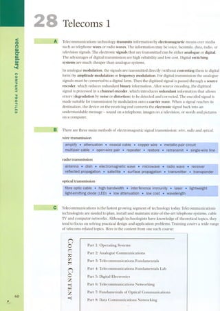 <on 
D) 
C" 
e-.D..) 
'< 
(') 
o 
S 
"U 
:I> 
Z 
-< 
"U 
::tI 
o 
." 
r-lT1 
I/) 
60 
, 
--~ ~ ~ 
Telecoms 1 
Telecommunieations technology transmits information by electromagnetie means over media 
such as telephone wires or radio waves. The information may be voice, facsimile, data, radio, or 
television signals. The electronie signals that are transmitted can be either analogue or digital. 
The advantages of digital transmission are high reliability and low cost. Digital switching 
systems are much cheaper than analogue systems. 
In analogue modulation, the signals are transmitted directly (without converting them to digital 
form) by amplitude modulation or frequency modulation. For digital transmission the analogue 
signals must be converted to a digital formo Then the digitized signal is passed through a source 
encoder, which reduces redundant binary information. After source encoding, the digitized 
signal is processed in a channel encoder, which introduces redundant information that allows 
errors (degradation by noise or distortion) to be detected and corrected. The encoded signal is 
made suitable for transmission by modulation onto a carrier wave. When a signal reaches its 
destination, the device on the receiving end converts the electronie signal bade into an 
understandable message - sound on a telephone, images on a television, or words and pietures 
on a computer. 
There are three main methods of electromagnetie signal transmission: wÍre, radÍo and opticaI. 
wire transmission 
--,~- 
radio transmission 
~~-- 
. transponder 
optical transmission 
-l 
-- 
Telecommunications is the fastest growing segment of technology today. Telecommunieations 
technologists are needed to plan, install and maintain state-of-the-art telephone systems, cable 
TV and computer networks. Although technologists have knawledge af thearetieal tapies, they 
tend to focus on salving practical design and applicatian prablems. Training covers a wide range 
af telecams-related tapies. Rere is the content fram ane such caurse: 
nOe~ 
íJJ 
t:rj 
nOz~ 
t:rj z~ 
Part 1: Operating Systems 
Part 2: Analogue Cammunications 
Part 3: Telecommunications Fundamentals 
Part 4: Telecommunications Fundamentals Lab 
Part 5: Digital Electronics 
Part 6: Telecommunications Networking 
Part 7: Fundamentals of Optical Communications 
Part 8: Data Communications Networking 
 