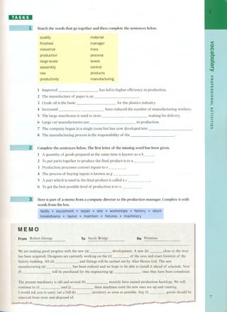 lIl.!:J::DI 
Match the words that go together and then complete the sentences below. 
quality 
finished 
industrial 
material 
manager 
lines 
production 
large-scale 
assembly 
raw 
process 
levels 
control 
products 
productivity manufacturing 
1 Improved 
2 The manufacture of paper is an 
has led to higher efficiency in production. 
3 Cru de oil is the basic for the plastics industry. 
4 Increased have reduced the number of manufacturing workers. 
5 The large warehouse is used to store waiting for delivery. 
6 Large car manufacturers use in production. 
7 The company began in a single room but has now developed into 
8 The manufacturing process is the responsibility of the 
Complete the sentences below. The first letter of the missing word has been given. 
1 A quantity of goods prepared at the same time is known as a b- - --' 
2 To put parts together to produce the final product is to a - - - - - - -' 
3 Production processesconvert inputs to o - - - - - -' 
4 The process of buying inputs is known as p - - - - - - - - -' 
5 A part which is used in the final product is called a c - - - - - - - -' 
6 Toget the best possible level of production is to o - - - - - - -' 
Here is part of a memo IToma company director to the production manager. Complete it with 
words ITom the boxo 
MEMO 
From Robert George To Sarah Bridge Re Premises 
....................................................................................................................................................................................................................... 
We are making good progress with the new (a) development. A.new (b) close to the river 
has been acquired. Designers arecurrently working on the (c) of the area and exact location of the 
factory building. All (d) andfittings will be carried outby Alan Shores Ud. The new 
manufacturing (e) has been orderedand we !:topeto be able to installitahead of schedule. New 
(f) will be purchased for the engineering (g) once they have been completed. 
The present machinery is oid and several (h) 
continue to (i) and (j)- 
I would ask you to carry out a full(k) 
removed from store and disposed 0[. 
recently have causedproduction backlogs. We will 
these machines until thenew ones are up and running. 
inventory as soon as possible. Any (I) goods should be 
< 
O 
(') 
C) 
C" 
e- 
I~ 
" 
::u 
.o" ni 
((ffJJ 
oz 
»r- 
» 
(-I") 
< 
-I 
(nfiJ 
7 
 