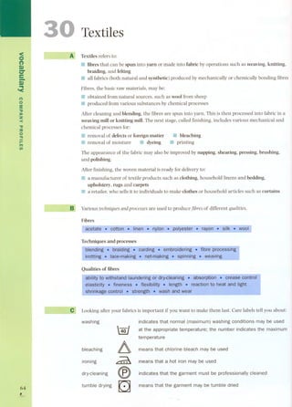 3 Textiles 
<o 
(') 
Q) 
C" 
e-Q) 
~ '< 
A 
Textilesrefers to: 
III fibres that can be spun into yarn or made into fabric by operations such as weaving, knitting, 
braiding, and felting 
III all fabrics (both natural and synthetic) produced by mechanically or chemically bonding fibres 
Fibres, the basic raw materials, may be: 
III obtained from natural sources, such as wool from sheep 
III produced from various substances by chemical processes 
(') 
Os": :I> 
Z 
-< 
";:o 
O 
"'1'1 
r-m 
(f) 
After cleaning and blending, the fibres are spun into yarn. This is then processed into fabric in a 
weaving mill or knitting mill. The next stage, called finishing, includes various mechanical and 
chemical processes for: 
III removal of defects or foreign matter 
III removal of moisture III dyeing 
III bleaching 
.. printing 
The appearance of the fabric may also be improved by napping, shearing, pressing, brushing, 
and polishing. 
After finishing, the woven material is ready for delivery to: 
.. a manufacturer of textile products such as clothing, household linens and bedding, 
upholstery, rugs and carpets 
III a retailer, who sells it to individuals to make clothes or household articles such as curtains 
B~ 
Various techniques and processes are used to produce fibres of different qualWes. 
Fibres 
Techniques and processes 
Qualities of fibres 
~---e Looking after your fabrics is important if you want to make them last. Care labels tell you about: 
indicates that normal (maximum) washing conditions may be used 
at the appropriate temperature; the number indicates the maximum 
temperature 
means that chlorine bleach may be used 
means that a hot iran may be used 
indicates that the garment must be professionally cleaned 
means that the garment may be tumble dried 
washing 
40/ 
bleaching A 
ironing 
dry-cleaning (p) 
64 tumble drying D , 
 