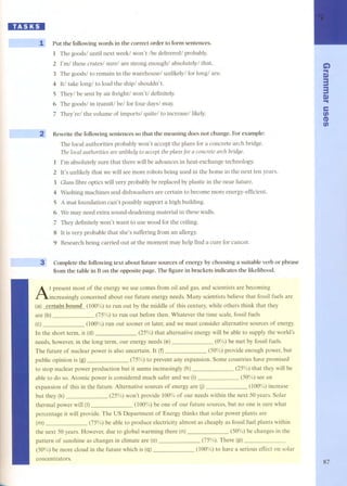 HD:D 
i 
.... 
~ 1 Put the following words in the correct order to form sentences. 
1 The goods/ until next week/ won't /be delivered/ probably. 
2 l'm/ these era tes/ sure/ are strong enough/ absolutely/ that. 
3 The goods/ to remain in the warehouse/ unlikely / for long/ are. 
4 U/ take long/ to load the ship/ shouldn't. 
5 They/ be sent by air freight/ won't/ definitely. 
6 The goods/ in transiti bel for four days/ may. 
7 They're/ the volume of imports/ quite/ to increase/ likely. 
2 Rewrite the following sentences so that the meaning does not change. For example: 
The local authorities probably won't accept the plans for a concrete arch bridge. 
Thelocal authorÍtÍes are unHkelyto accepttheplansfor a concretearch bridge. 
1 l'm absolutely sure that there will be advances in heat-exchange technology. 
2 U's unlikely that we will see more robots being used in the home in the next ten years. 
3 Glass fibre optics will very probably be replaced by plastic in the near future. 
4 Washing machines and dishwashers are certain to become more energy-efficient. 
5 A mat foundation can't possibly support a high building. 
6 We may need extra sound-deadening material in these walls. 
7 They definitely won't want to use wood for the ceiling. 
8 Uis very probable that she's suffering from an allergy. 
9 Research being carried out at the moment may help find a cure for cancer. 
31 Complete the following text about future sources of energy by choosing a suitable verb or phrase 
ITom the table in B on the opposite page. The figure in brackets indicates the likelihood. 
At present most of the energy we use comes from oil and gas, and scientists are becoming 
increasingly concemed about our future energy needs. Many scientists believe that fossil fuels are 
(a) certain bound (100%)to run out by the middle of this century, while others think that they 
are (b) (75%) to run out before then. Whatever the time scale, fossil fuels 
(e) (100%) run out sooner or later, and we must consider altemative sources of energy. 
In the short term, it (d) (25%) that altemative energy will be able to supply the world's 
needs, however, in the long term, our energy needs (e) (0%) be met by fossil fuels. 
The future of nuclear power is also uncertain. It (f) (50%) provi de enough power, but 
public opinion is (g) (75%) to prevent any expansiono Some countries have promised 
to stop nuclear power production but it seems increasingly (h) (25%) that they will be 
able to do so. Atomic power is considered much safer and we (i) (50%) see an 
expansion of this in the future. Altemative sources of energy are U) (100%) increase 
but they (k) (25%) won't provide 100% of our needs within the next 50 years. Solar 
thermal power will (I) (100%) be one of our future sources, but no one is sure what 
percentage it will provide. The US Department of Energy thinks that solar power plants are 
(m) (75%) be able to produce electricity almost as cheaply as fossil fuel plants within 
the next 50 years. However, due to global warming there (n) (50%) be changes in the 
pattem of sunshine as changes in climate are (o) (75%). There (p) 
(50%) be more cloud in the future which is (q) (100%) to have a serious effect on solar 
concentrat ors. 
G) 
.. 
D) 
3 
3 
.D. ) 
e 
fi) 
(I) 
fi) 
87 
 