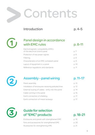 3
Contents
Introduction	 p. 4-5
1
	Panel design in accordance
with EMC rules	 p. 8-11
	 Electromagnetic compatibility (EMC)
	 of the electrical control panel	 p. 7
	 Protection of low power signals	 p. 8
	 Filtering	 p. 8
	 Characteristics of an EMC-compliant panel	 p. 9
	 Layout of equipment in a panel	 p. 10
	 Reference regulations and standards	 p. 11
2
	Assembly - panel wiring	 p. 11-17
	 Panel assembly	 p. 13
	 Installation of enclosures receiving polluted lines	 p. 13
	 External routing of cables - entry into the panel	 p. 14
	 Cable running in the panel	 p. 16
	 Earth connection of shielding	 p. 17
	 Earth connection of metal raceways	 p. 17
3 	 Guide for selection
	 of EMC products	 p. 18-21
	 Enclosures and panels with strengthened EMC	 p. 19
	 Fans and accessories for strengthened EMC	 p. 20
	 Accessories for strengthening EMC	 p. 21
 