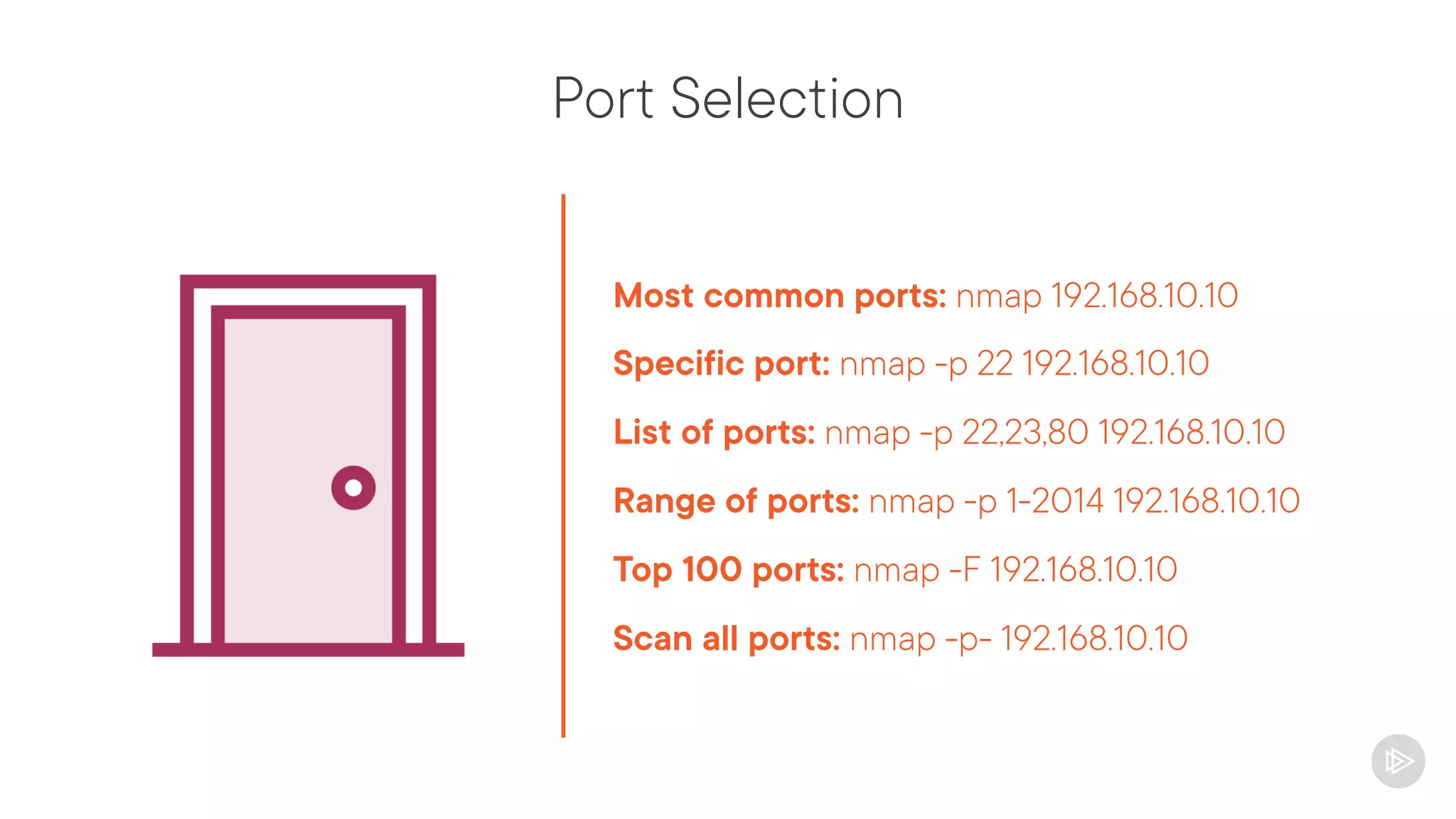 Port Selection
Most common ports: nmap 192.168.10.10
Specific port: nmap -p 22 192.168.10.10
List of ports: nmap -p 22,23,80 192.168.10.10
Range of ports: nmap -p 1-2014 192.168.10.10
Top 100 ports: nmap -F 192.168.10.10
Scan all ports: nmap -p- 192.168.10.10
 