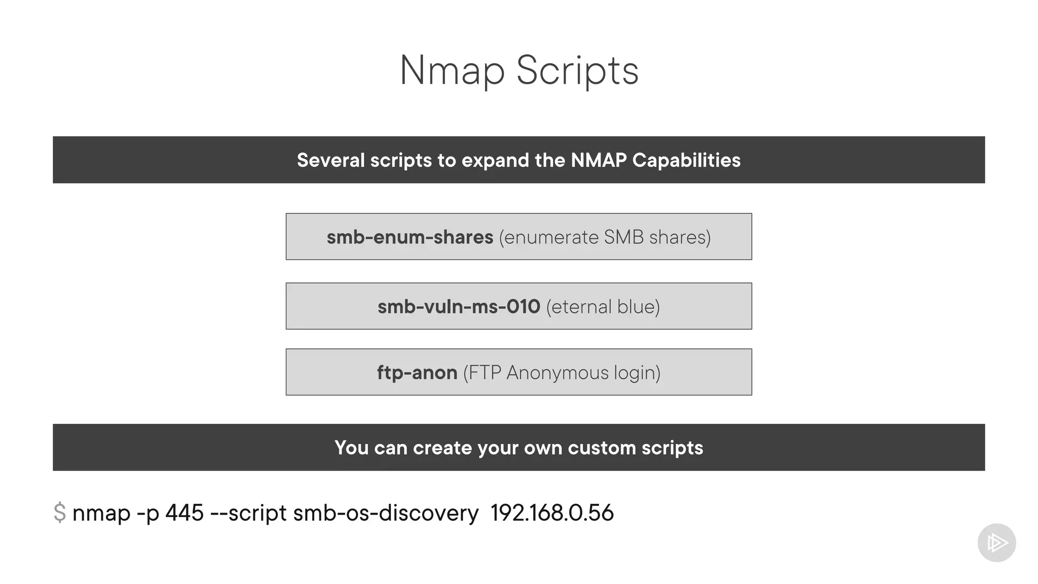 Nmap Scripts
Several scripts to expand the NMAP Capabilities
You can create your own custom scripts
smb-vuln-ms-010 (eternal blue)
smb-enum-shares (enumerate SMB shares)
ftp-anon (FTP Anonymous login)
$ nmap -p 445 --script smb-os-discovery 192.168.0.56
 