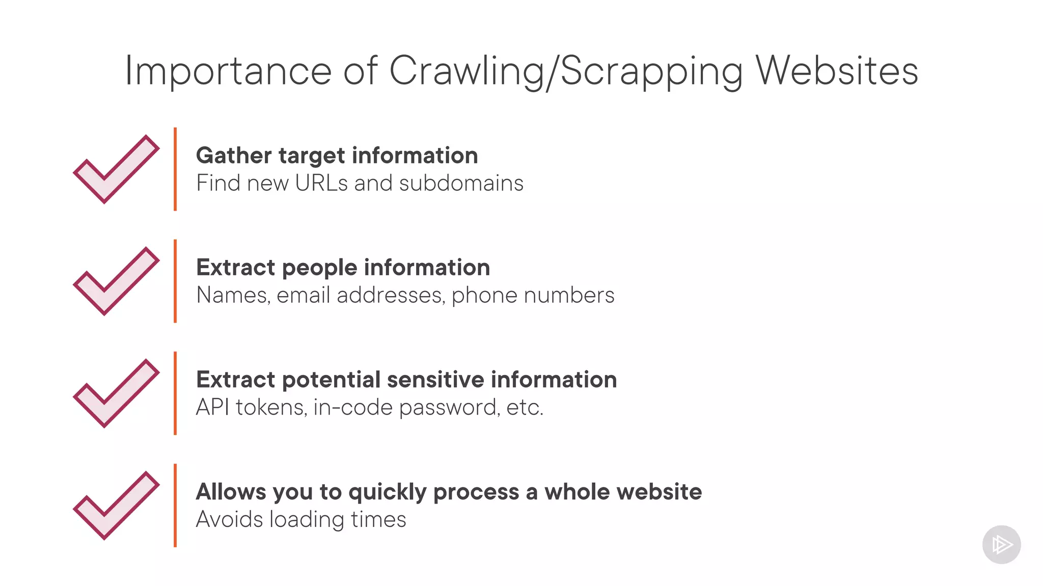Importance of Crawling/Scrapping Websites
Gather target information
Find new URLs and subdomains
Extract people information
Names, email addresses, phone numbers
Extract potential sensitive information
API tokens, in-code password, etc.
Allows you to quickly process a whole website
Avoids loading times
 