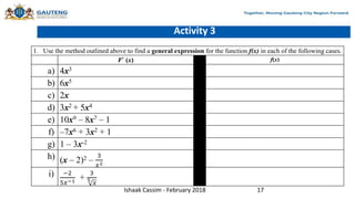 Activity 3
1. Use the method outlined above to find a general expression for the function f(x) in each of the following cases.
𝑭′
(x) f(x)
a) 4x3
b) 6x5
c) 2x
d) 3x2 + 5x4
e) 10x9 – 8x7 – 1
f) –7x6 + 3x2 + 1
g) 1 – 3x-2
h) (x – 2)2 –
3
𝑥2
i) −2
5𝑥−1 +
3
5
𝑥
Ishaak Cassim - February 2018 17
 