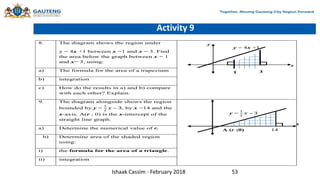 Activity 9
8. The diagram shows the region under
y = 4x +1 between x =1 and x = 3. Find
the area below the graph between x = 1
and x= 3, using:
a) The formula for the area of a trapezium
b) integration
c) How do the results in a) and b) compare
with each other? Explain.
9. The diagram alongside shows the region
bounded by y =
1
2
𝑥 – 3, by x =14 and the
x-axis. A(r ; 0) is the x-intercept of the
straight line graph.
a) Determine the numerical value of r.
b) Determine area of the shaded region
using:
i) the formula for the area of a triangle.
ii) integration
1 3
y = 4x +1
A (r ;0) 14
y =
1
2
𝑥 – 3
x
Ishaak Cassim - February 2018 53
 