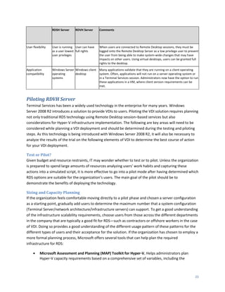 RDSH Server     RDVH Server      Comments




User flexibility   User is running User can have    When users are connected to Remote Desktop sessions, they must be
                   as a user lowest full rights     logged onto the Remote Desktop Server as a low privilege user to prevent
                   user privileges                  the user from being able to make system-wide changes that may have
                                                    impacts on other users. Using virtual desktops, users can be granted full
                                                    rights to the desktop.
Application        Windows Server Windows client Many applications validate that they are running on a client operating
compatibility      operating      desktop        system. Often, applications will not run on a server operating system or
                   systems                       in a Terminal Services session. Administrators now have the option to run
                                                 these applications in a VM, where client version requirements can be
                                                 met.



Piloting RDVH Server
Terminal Services has been a widely used technology in the enterprise for many years. Windows
Server 2008 R2 introduces a solution to provide VDIs to users. Piloting the VDI solution requires planning
not only traditional RDS technology using Remote Desktop session–based services but also
considerations for Hyper-V infrastructure implementation. The following are key areas will need to be
considered while planning a VDI deployment and should be determined during the testing and piloting
steps. As this technology is being introduced with Windows Server 2008 R2, it will also be necessary to
analyze the results of the trial on the following elements of VDI to determine the best course of action
for your VDI deployment.

Test or Pilot?
Given budget and resource restraints, IT may wonder whether to test or to pilot. Unless the organization
is prepared to spend large amounts of resources analyzing users’ work habits and capturing these
actions into a simulated script, it is more effective to go into a pilot mode after having determined which
RDS options are suitable for the organization’s users. The main goal of the pilot should be to
demonstrate the benefits of deploying the technology.

Sizing and Capacity Planning
If the organization feels comfortable moving directly to a pilot phase and chosen a server configuration
as a starting point, gradually add users to determine the maximum number that a system configuration
(Terminal Server/network architecture/infrastructure servers) can support. To get a good understanding
of the infrastructure scalability requirements, choose users from those across the different departments
in the company that are typically a good fit for RDS—such as contractors or offshore workers in the case
of VDI. Doing so provides a good understanding of the different usage pattern of these patterns for the
different types of users and their acceptance for the solution. If the organization has chosen to employ a
more formal planning process, Microsoft offers several tools that can help plan the required
infrastructure for RDS:

          Microsoft Assessment and Planning (MAP) Toolkit for Hyper-V. Helps administrators plan
           Hyper-V capacity requirements based on a comprehensive set of variables, including the



                                                                                                                          23
 