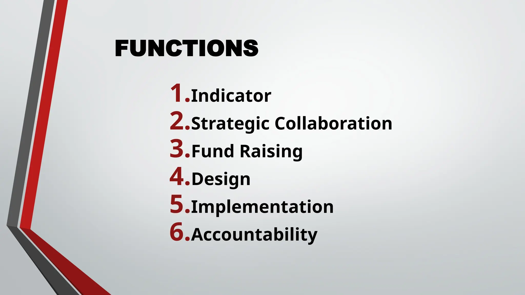 FUNCTIONS
1.Indicator
2.Strategic Collaboration
3.Fund Raising
4.Design
5.Implementation
6.Accountability
 