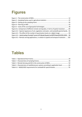 5
Figures
Figure 1 – The construction of MSFs........................................................................................... 12
Figure 2 – Sampling frames used in agricultural statistics.......................................................... 37
Figure 3 – Setting up the sampling frame................................................................................... 43
Figure 4 – Planning an MSF......................................................................................................... 53
Figure 5 – Costs of the use of geospatial technologies............................................................... 78
Figure A.1. Comparison of different remote sensing data, in terms of spatial resolution ......... 85
Figure A.2 – Spectral signatures of soil, vegetation and water, and Landsat8 spectral bands... 91
Figure A.3 – The effect of the number of quantization levels on a digital image....................... 93
Figure A.4 – LateraloverlapofLandsat7scenesat0ºlatitude(Equator)and68º(Finland)(GLOVIS-USGS) ... 98
Figure A.5 – Remote sensing applications, in relation to spatial and temporal resolution...... 102
Tables
Table 1 – Operational Area Frames............................................................................................. 29
Table 2 – Characteristics of sampling frames.............................................................................. 39
Table 3 – Remote Sensing and GIS in the construction of MSFs................................................. 52
Table 4 – Characteristics of satellite/sensor systems according to application level................. 62
Table A.1 – NASA/USGS requirements for Landsat8-OLI spectral bands.................................... 91
 