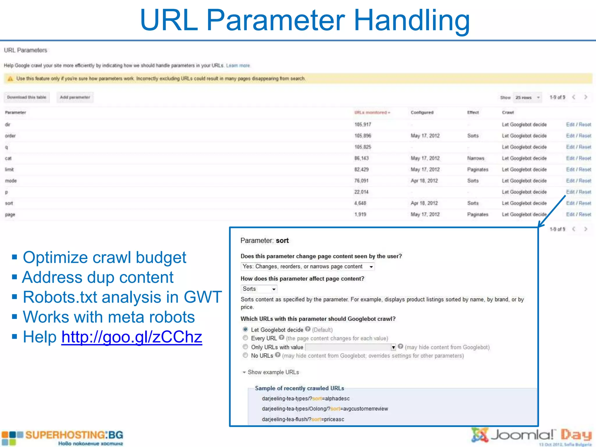 URL Parameter Handling




 Optimize crawl budget
 Address dup content
 Robots.txt analysis in GWT
 Works with meta robots
 Help http://goo.gl/zCChz
 
