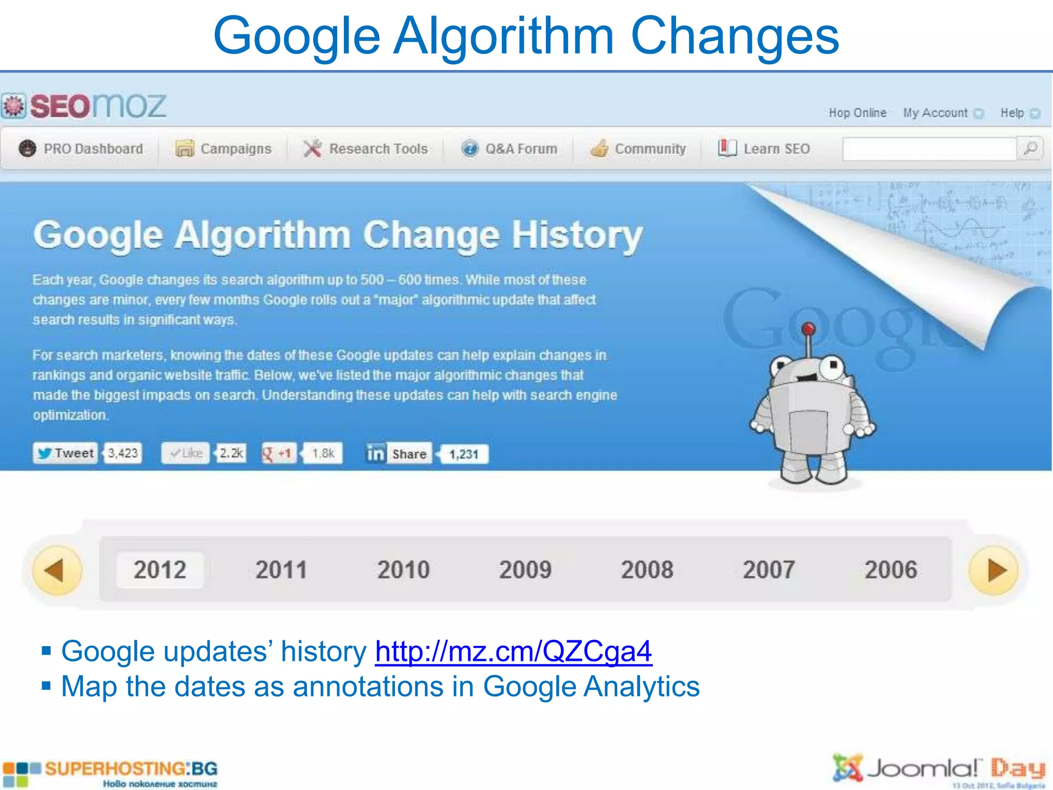 Google Algorithm Changes




 Google updates’ history http://mz.cm/QZCga4
 Map the dates as annotations in Google Analytics
 