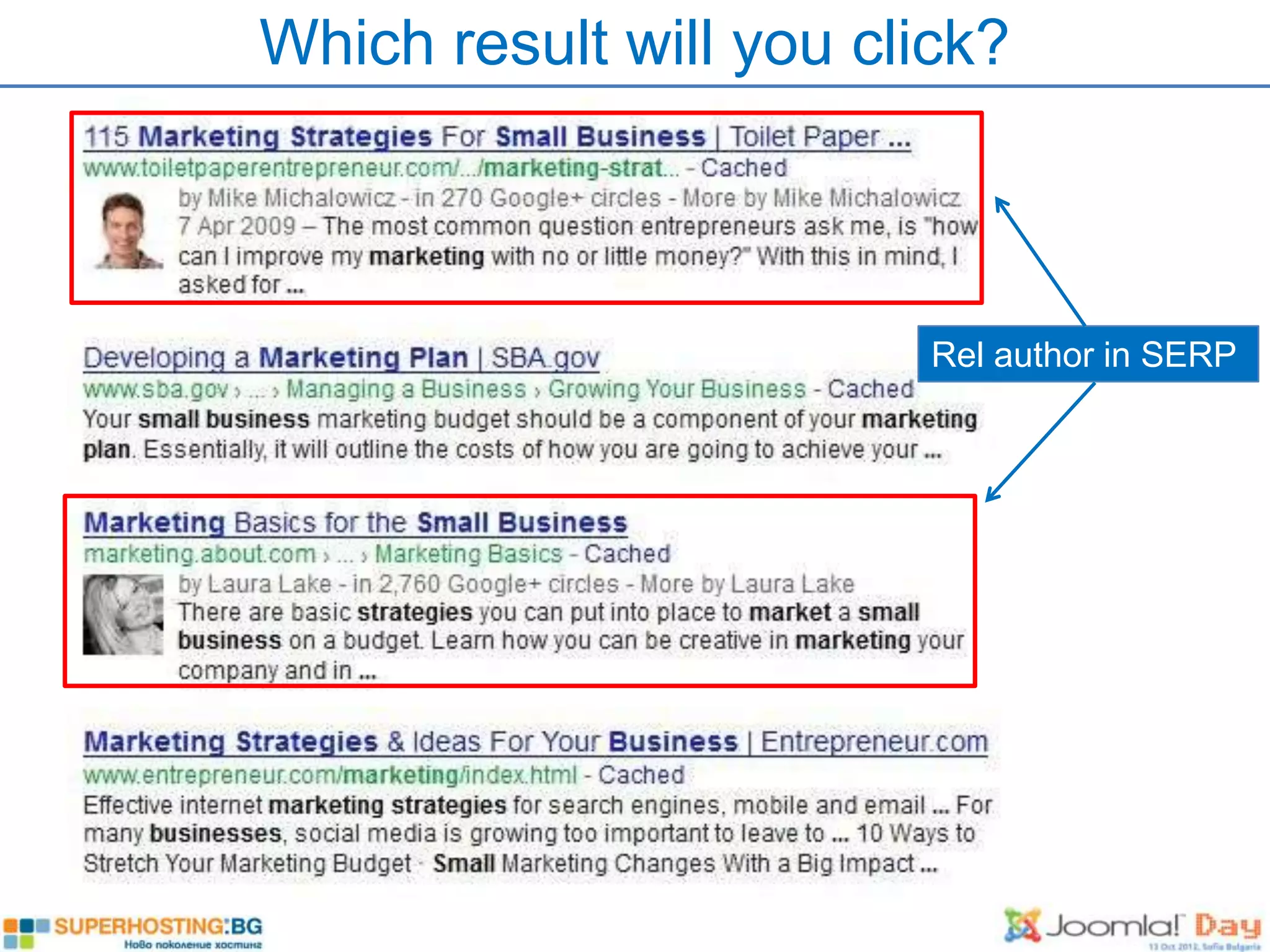 Which result will you click?



                         Rel author in SERP
 