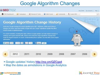 Google Algorithm Changes




 Google updates’ history http://mz.cm/QZCga4
 Map the dates as annotations in Google Analytics
 