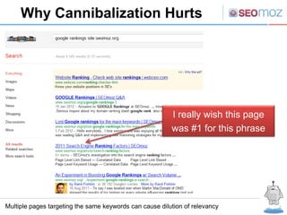 Why Cannibalization Hurts




                                                         I really wish this page
                                                         was #1 for this phrase




Multiple pages targeting the same keywords can cause dilution of relevancy
 