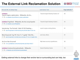 The External Link Reclamation Solution




Getting external links to change their anchor text or surrounding text can help, too
 