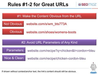 Rules #1-2 for Great URLs

                #1: Make the Content Obvious from the URL

  Not Obvious:            website.com/s/wm_bts773A

        Obvious:          website.com/shoes/womens-boots


                     #2: Avoid URL Parameters of Any Kind

     Parameters: website.com/recipe?q=chicken&t=cordon+bleu

  Nice & Clean: website.com/recipe/chicken-cordon-bleu


If shown without context/anchor text, the link’s content should still be obvious.
 