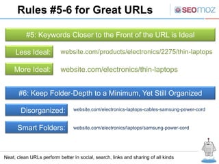 Rules #5-6 for Great URLs

          #5: Keywords Closer to the Front of the URL is Ideal

     Less Ideal:          website.com/products/electronics/2275/thin-laptops

    More Ideal:           website.com/electronics/thin-laptops


       #6: Keep Folder-Depth to a Minimum, Yet Still Organized

       Disorganized:             website.com/electronics-laptops-cables-samsung-power-cord


      Smart Folders:             website.com/electronics/laptops/samsung-power-cord




Neat, clean URLs perform better in social, search, links and sharing of all kinds
 