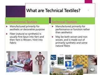 What are Technical Textiles?
Conventional Textiles
 Manufactured primarily for
aesthetic or decorative purpose
 Fiber (natural or synthetic) is
usually first Spun into Yarn and
then Yarn is Woven / Knit into
Fabric
Technical Textiles
 Manufactured primarily for
performance or function rather
than aesthetics
 May be both woven and non
woven, and is made out of
primarily synthetic and some
natural fibers
6
 