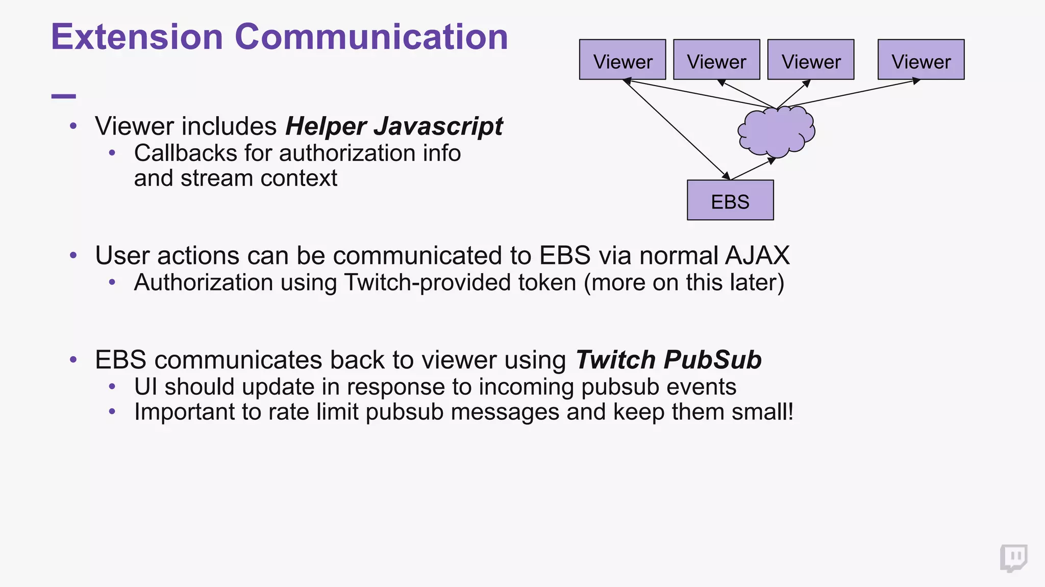 Extension Communication
• Viewer includes Helper Javascript
• Callbacks for authorization info  
and stream context 
 
• User actions can be communicated to EBS via normal AJAX
• Authorization using Twitch-provided token (more on this later) 
 
• EBS communicates back to viewer using Twitch PubSub
• UI should update in response to incoming pubsub events
• Important to rate limit pubsub messages and keep them small! 
Viewer
EBS
Viewer Viewer Viewer
 